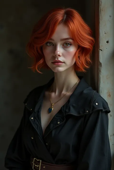 woman with short red hair, amber eyes, and closed rogue clothes