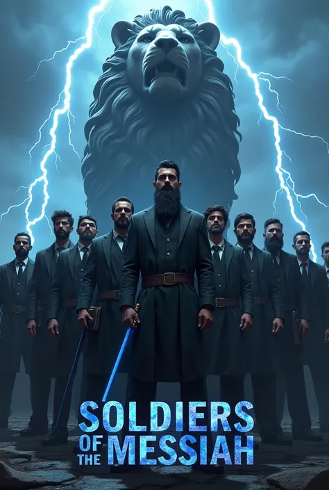 Side view of young men with black beard standing arranged straight side to side ,wearing suit, a huge statue of lion behind the men, lightning all over the place,each of them holding a blue sword with their right hand,each  bible on the other left hand, wr...