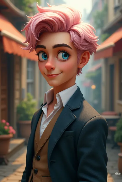 Cute but sturdy french guy with pale blue eyes and dusty pink hair