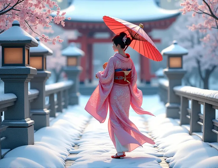 o	A geisha in a pink and silver kimono, holding a red wagasa (Japanese paper umbrella), walking down a snow-covered path, with a Shinto shrine in the background and stone lanterns along the way.