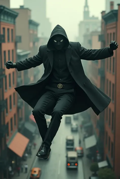 (photorealism:1.2), mysterious man, flying among buildings wearing black coat, Black gloves, black pants, a spiderman mask, soft lighting, vintage 1930 new york background, exagered pose, realistic draw, intricate details, vintage colors