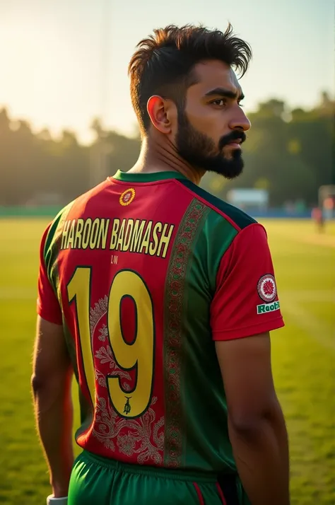 Afghanistan player wearing cricket jersey with back name Haroon Badmash