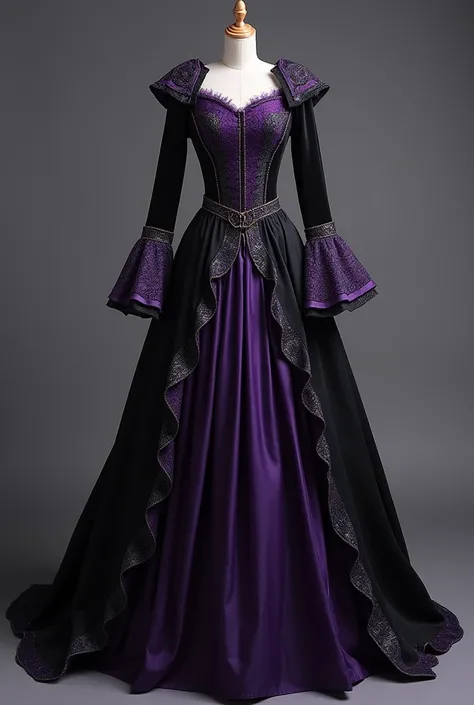 Fitted dress with waistband, black and purple, with shine and transparency in the upper fabric, manga curta, medieval princess 
