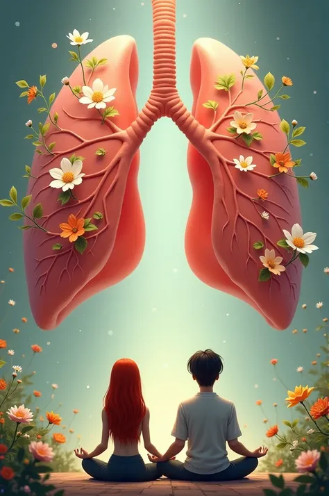 Image of a red-haired woman and a dark-haired man with shoulder-length hair and a goatee sitting down doing breathing techniques. Behind them is a beautiful image of a giant lung filled with leaves and delicate flowers in light shades of white and orange..