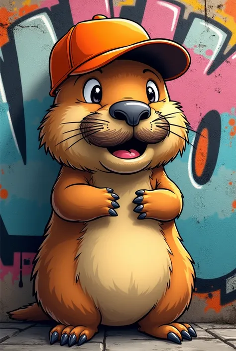 A capybara wearing a mustache and an orange cap cartoon graffiti drawing