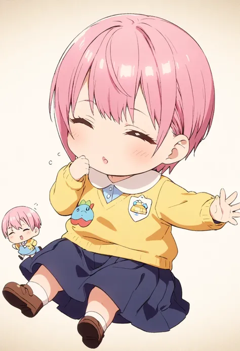 (Highest quality, 4K, 8k, High resolution, masterpiece:1.2), Very detailed, Picturesque, Animated Photography, Photo Animation:1.37)、Japanese schoolgirl、(Pink Hair)、(short hair)、stnding、(chibi:1.4),blue shirt,(kindergarten uniform:1.2),(yellow school hat:1...