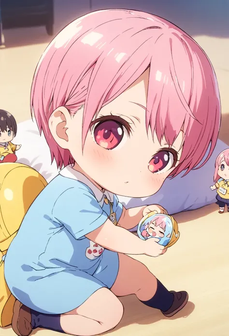 (Highest quality, 4K, 8k, High resolution, masterpiece:1.2), Very detailed, Picturesque, Animated Photography, Photo Animation:1.37)、Japanese schoolgirl、(Pink Hair)、(short hair)、stnding、(chibi:1.4),blue shirt,(kindergarten uniform:1.2),(yellow school hat:1...