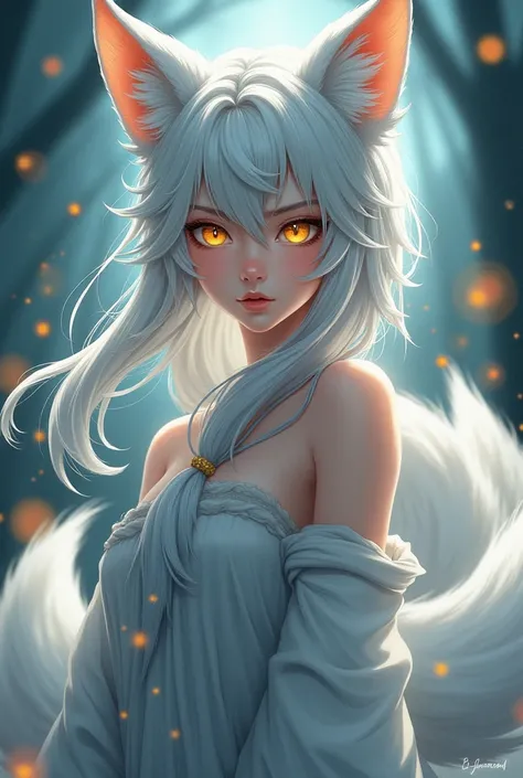 Female kitsune with silver hair , bright goden eyes , she has nine tails that flows dramatically around her, creating a sense of movement and grace