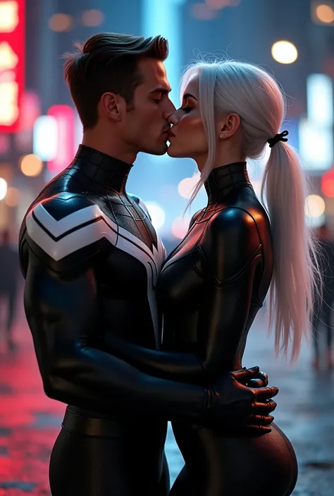 A stunning portrait of muscular Peter Parker in his black suit and white suit, symbiote suit, kissing, French kiss, passionate kiss, Felicia Hardy as the marvel character Black Cat, young and beautiful, hyper realistic, real portrait, backlit, exquisite fe...