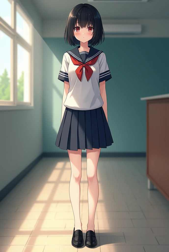 Standing by an empty school、high school girl、Black short hair、uniform、skirt,Deep red eyes、barefoot、Cool smile、Full body portrait,Black Loafers