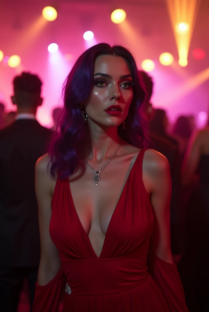 English woman,very white light skin,sparkling green eyes,dark purple hair,redgown,strong makeup,poses,scenario show night party club,she is in the middle of the crowd watching the show on stage,photoshot,cinema image,品質,full body images,detailed