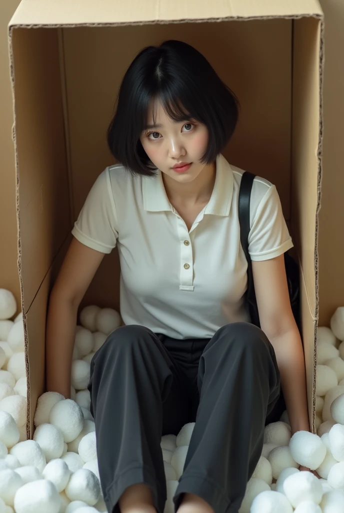 imagine a korean., beautiful and realistic plump round face , dressed in a white polo shirt and black loose trousers, sitting inside a cardboard box with polystyrene, realistic legs, whole body, Spreading your legs, the hair on the head is black, French cr...