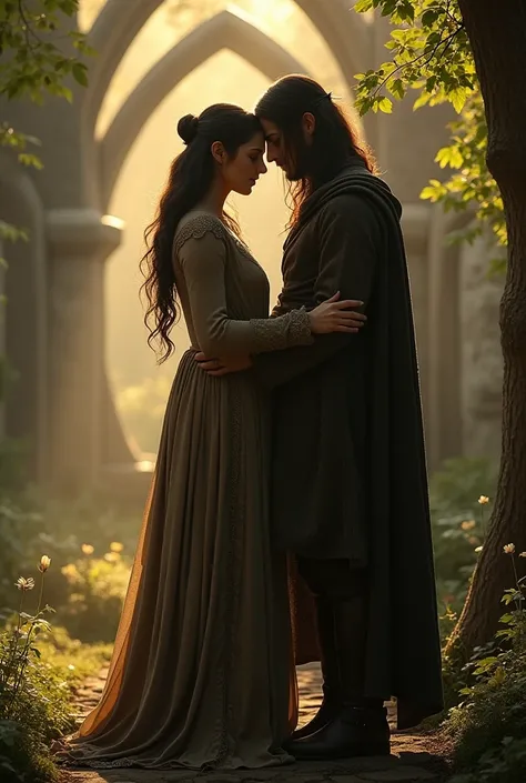 Aragorn and Arwen in Rivendell embracing, exterior of Rivendell, lots of the rings