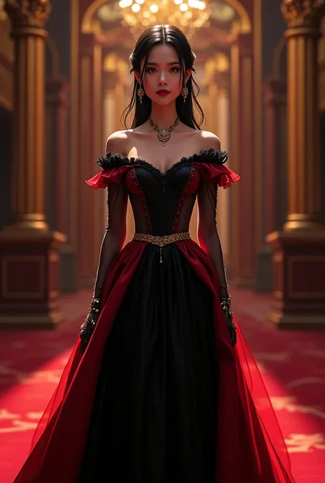 Fitted dress with waistband, black and red, with shine and transparency in the upper fabric, manga curta, princess of the time 