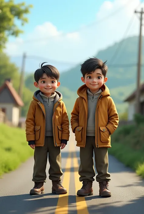 An 2 boy is standing on the road wearing a coat and pants