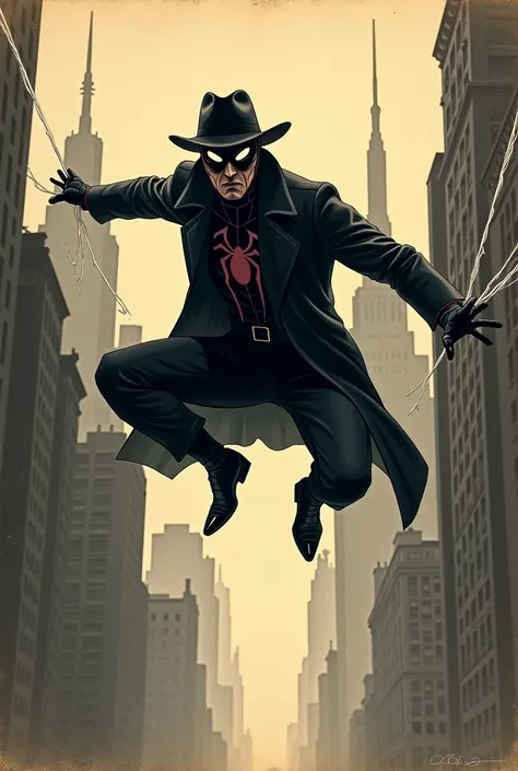 Draw of a mysterious detective man, swinging with spider webs in the air among buildings wearing black hatblack coat, Black gloves, black pants, a spiderman mask, soft lighting, vintage 1930 new york background, exagered heroic pose, vintage sketchbook dra...