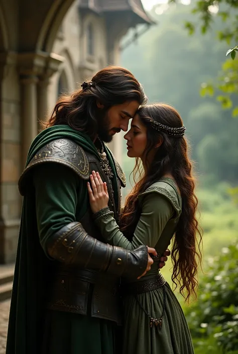 Stunning photo of Aragorn and Arwen in Rivendell embracing, exterior of Rivendell, lots of the rings, Arwen is an elf, exquisite detail