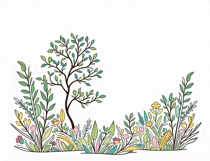 add more elements like trees and flowers to the previous drawing