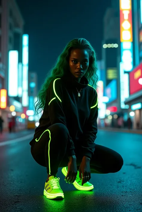 Bottom shot. Magnificent detail, 8K Photos, hyper-realism, professional light, night city, wide angle lens, whole body, beautiful skinny fit ebony woman, long wavy green hair, dressed in black sport suit with green neon reflective elements, green neon snea...