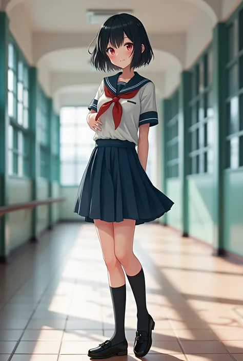 Standing by an empty school、high school girl、Black short hair、uniform、skirt,Deep red eyes、barefoot、Cool smile、Full body portrait,Black Loafers,Black socks