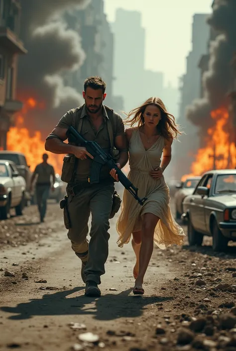 a man with the AK 47 with his hot  wife running from ugly zombies during zombies apocalypse, destroyed and burning city background with burning cars and building