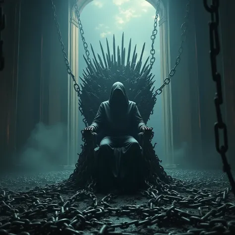 A throne composed of chains. Beautiful cinematic lighting, surreal, color graded, dynamic movement, captivating chiaroscuro, full body, award-winning, cinematic still, emotional, vignette, dynamic, vivid, (masterpiece, best quality, photorealistic, Profess...