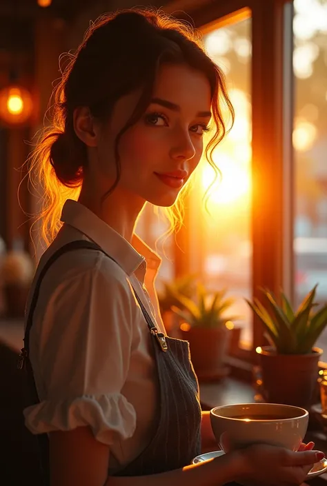 a woman in a cafe, serving coffee, backlit by a warm sunrise through the window, detailed facial features, beautiful detailed eyes, beautiful detailed lips, intricate details, high contrast lighting, moody atmosphere, rich colors, cinematic composition, ph...