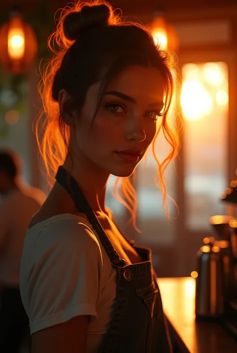 a woman in a cafe, serving coffee, backlit by a warm sunrise through the window, detailed facial features, beautiful detailed eyes, beautiful detailed lips, intricate details, high contrast lighting, moody atmosphere, rich colors, cinematic composition, ph...