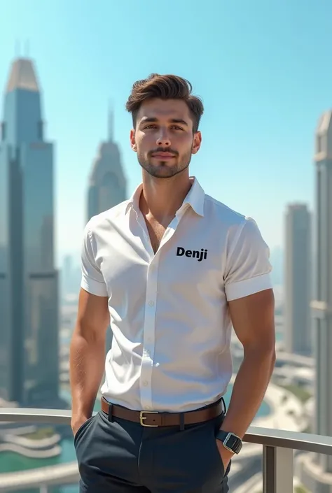 A 20-year-old young boy will stand in a beautiful place in Dubai and he will be handsome boy and white skin. His shirt will have DENJI written on it.