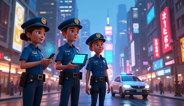 Im Stil von Pixar 3D-Animation filmen. Police officers wear monitors.
