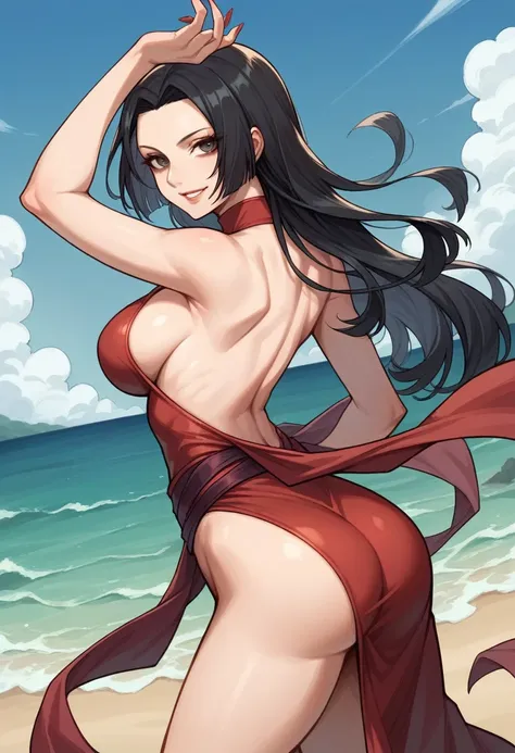 source_anime, best quality, clear face, Boa hanckock, black hair, Brown eyes, long hair, large breasts, perfect body, looking at viewer, smile, scarlet witch from Marvel uniform, sexy, in the beach, standing, dynamic angle, from behind, big ass