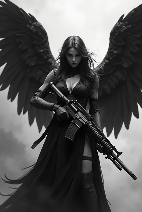 Black and white angel holding a high caliber gun full body wings down with very good definition and high contrast