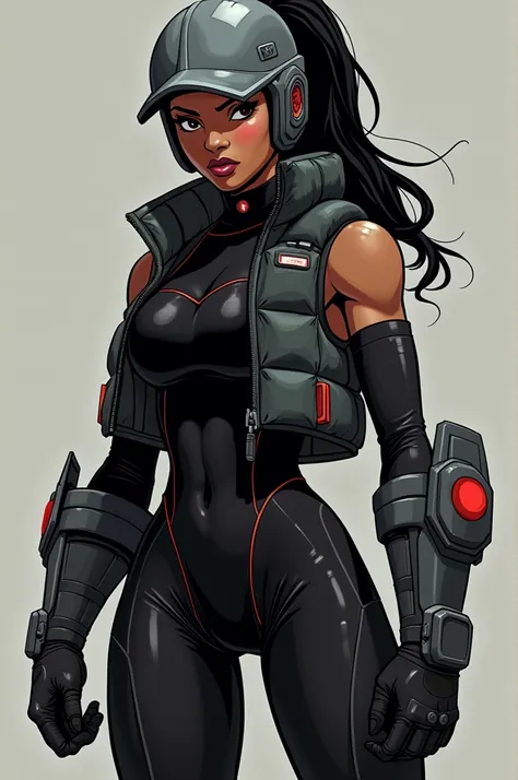 Black girl tied hair black top black bottom black vest gray helmet manga
