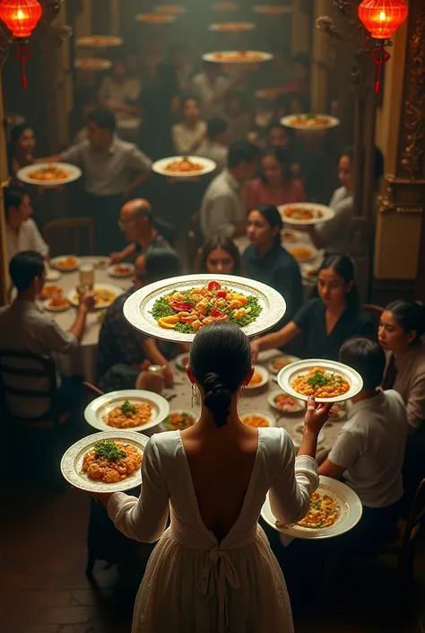 a woman balancing multiple plates of food on her arms and hands, bustling lunch crowd, vibrant colors of dishes and outfit, overhead lighting, highly detailed, photorealistic, 8k, masterpiece, cinematic, dramatic lighting, chiaroscuro, muted colors, moody ...