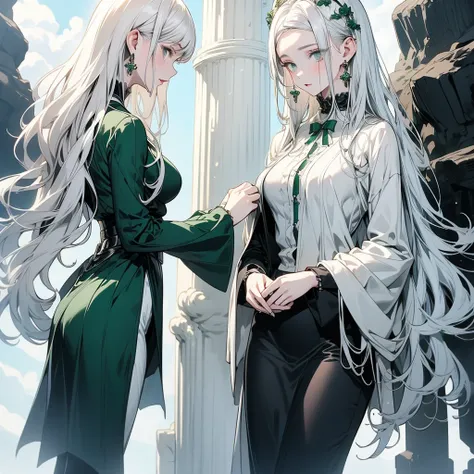 1girl, Woman, busty, perfect anatomy, full body, (masterpiece),(detailed face), white hair, pale white skin, emerald green clothes, best quality,