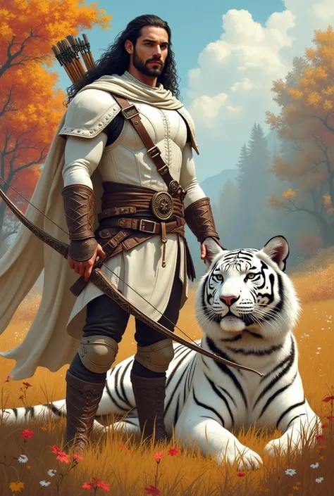 Beautiful male ranger long dark hair white leather armour longbow white tiger resting high grass autumn colours art deco style 