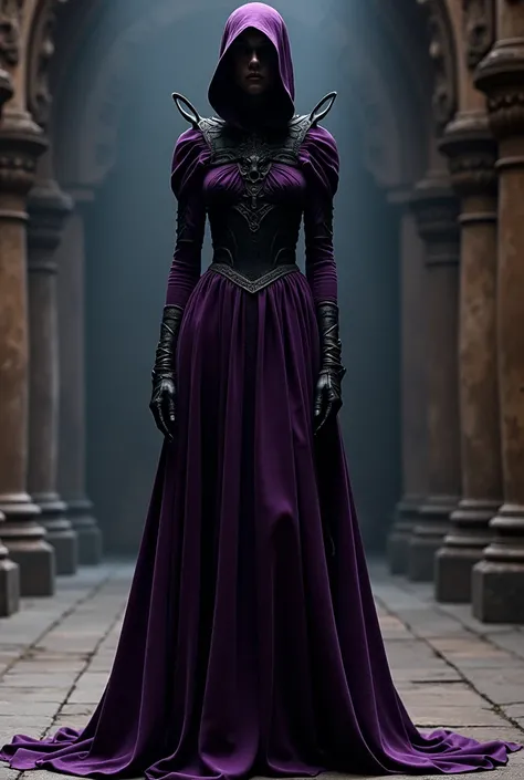 Black and purple framed dress with Medieval hood