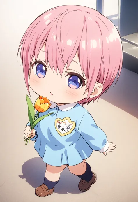 (Highest quality, 4K, 8k, High resolution, masterpiece:1.2), Very detailed, Picturesque, Animated Photography, Photo Animation:1.37)、Japanese schoolgirl、(Pink Hair)、(short hair)、stnding、(chibi:1.4),blue shirt,(kindergarten uniform:1.2),(yellow school hat:1...