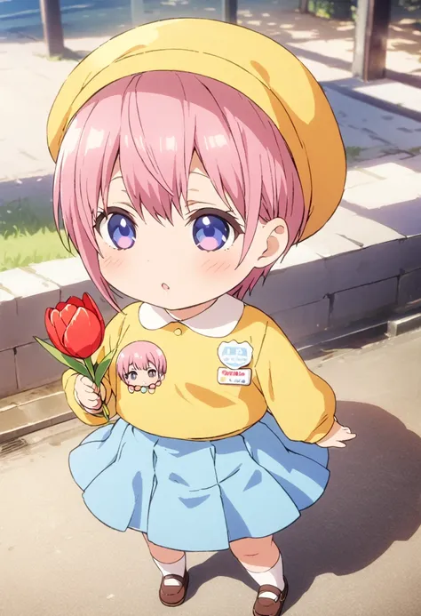 (Highest quality, 4K, 8k, High resolution, masterpiece:1.2), Very detailed, Picturesque, Animated Photography, Photo Animation:1.37)、Japanese schoolgirl、(Pink Hair)、(short hair)、stnding、(chibi:1.4),blue shirt,(kindergarten uniform:1.2),(yellow school hat:1...