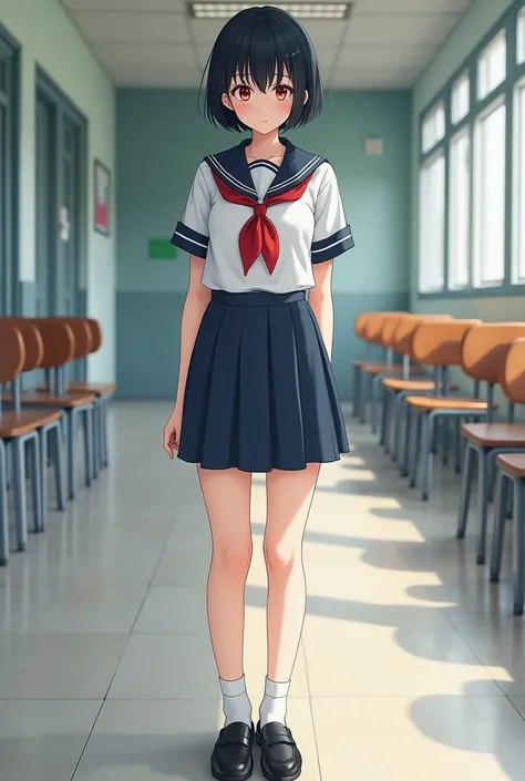 Standing by an empty school、high school girl、Black short hair、uniform、skirt,Deep red eyes、barefoot、Cool smile、Full body portrait,Black Loafers,White socks