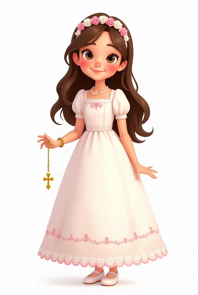 Make me a 2d Pixar style animated illustration, 
on a white background of a girl with a sweet and simple style. The girl is dressed for a first communion, wearing a white dress with soft pink details. Her dress has puffed sleeves and a long skirt with smal...