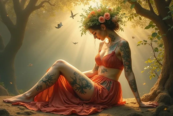 Auroras Awakening: A museum-quality painting in the style of Leonardo da Vinci, featuring a serene and captivating full-body portrait of a woman clad in a stunning transparent white dress and stockings. Her skin is adorned with intricate, photorealistic ta...