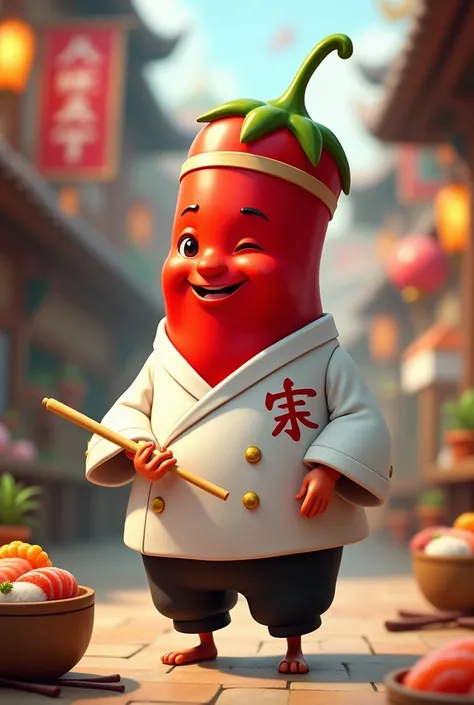 Chili in a sushi suit in a cartoon 