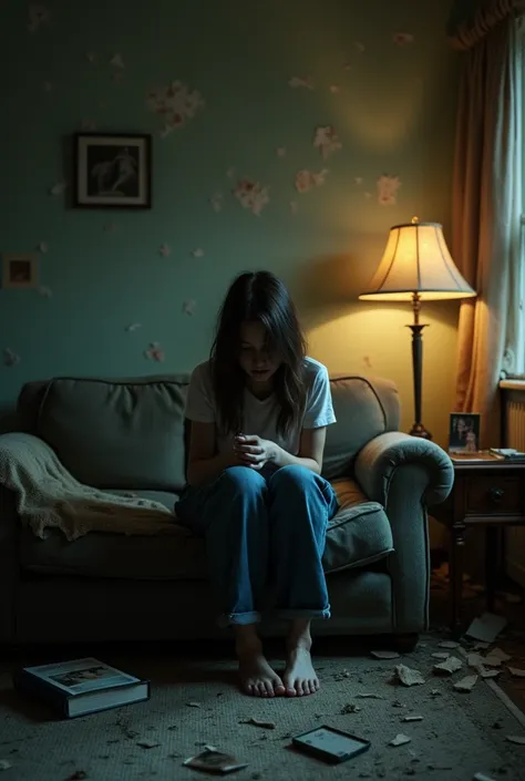 A young scared woman sitting on a worn out couch in a living room with all the house lights on 