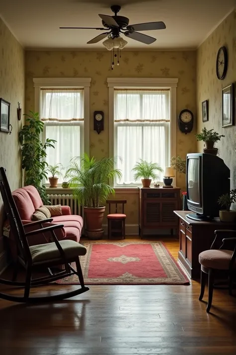 An open plan grandma&#39;s house living room, with vintage objects: rocking chair, radio, tube tv, video cassete, clock on the wall and etc.