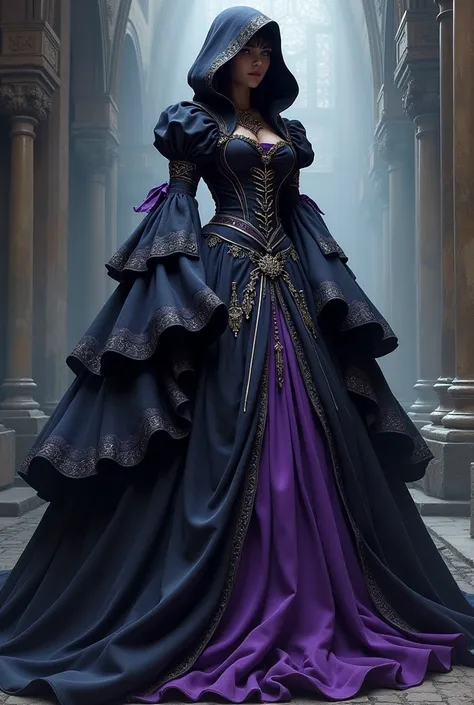 Dress with voluminous frame, black and purple Medieval hooded, manga curta.