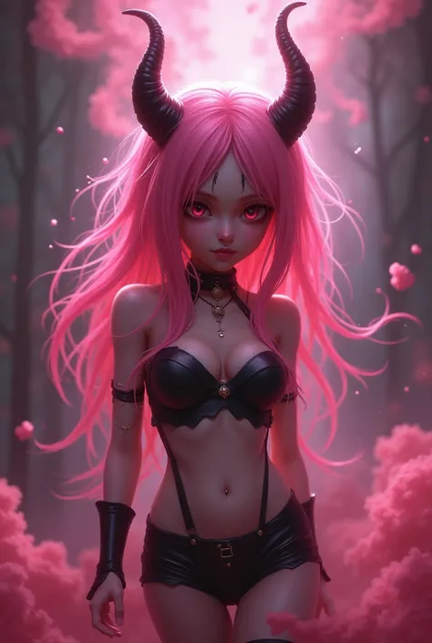 Small child Succubus,  with pink hair and black clothes, She is very cute and sexy, showing her belly and using pink smoke