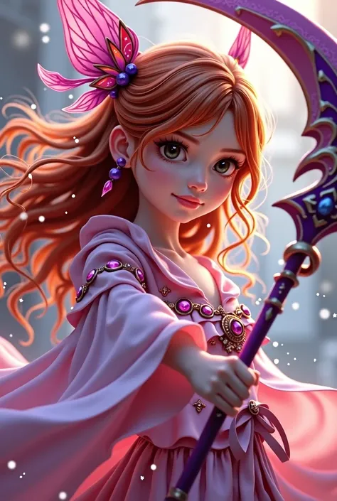 Solo, beautiful, young girl, light red color hair, brown eyes, pink magical outfit, purple cool scythe, magical girl