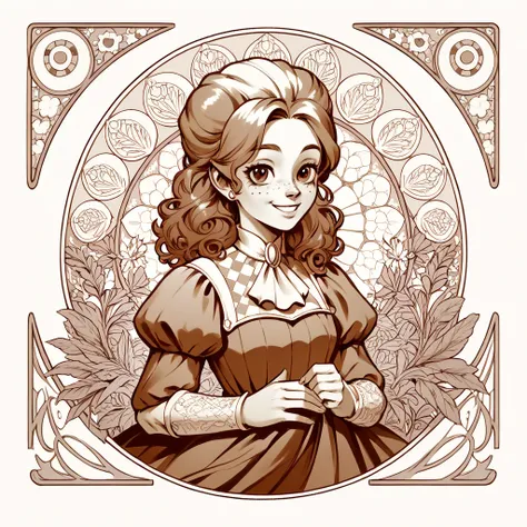 black and white, line art, art nouveau, frankelda, 1girl, solo, dress, puffy sleeves, freckles, cute smile, look at side, hands ...