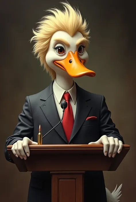 Duck Mafia with Donald Trump&#39;s Hairstyle, Soft fur, Standing and speaking behind the podium, The bullet passed through the ear.